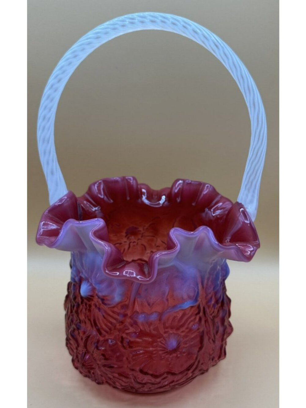 Fenton Cranberry Flower Basket Opalescent Twist Handle 3D texture 10.5 inch